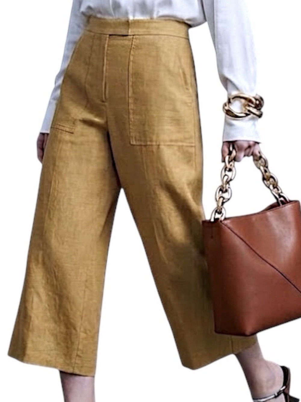 Simons Contemporaine Tan Linen old money Wide Leg Cropped Trousers 2.